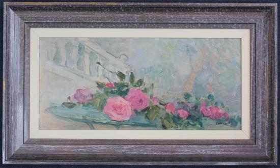 Leopold Pascal, (French, 1900-1957) Still life of flowers on ledges, 9.5 x 20.5in.